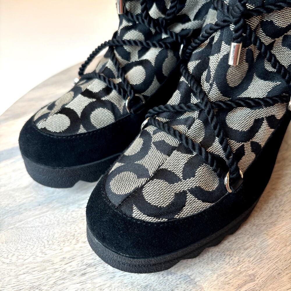Coach Signature Logo Lace Up Wedge Winter Boots Black Suede Canvas Women's 7.5 - Picture 8 of 10